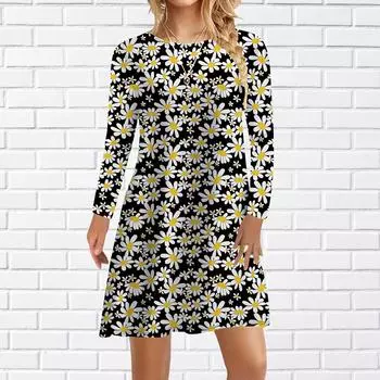 Женское повседневное платье Осеннее желтое платье с принтом ромашки для женщин Платье с коротким рукавом и круглым вырезом размера плюс XS чёрный