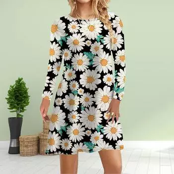 Женское повседневное платье Осеннее желтое платье с принтом ромашки для женщин Платье с коротким рукавом и круглым вырезом размера плюс XS чёрный