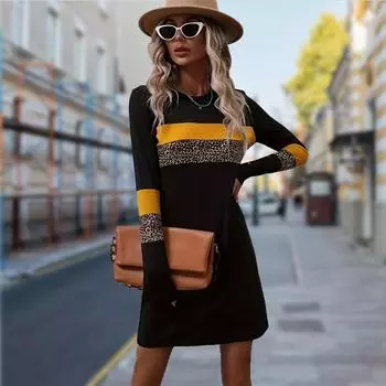 Женское повседневное платье осеннее желтое платье с горизонтальным принтом для женщин с круглым вырезом и коротким рукавом платье больших размеров XS чёрный