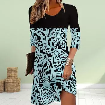 Женское повседневное платье осеннего синего цвета с цветочным принтом для женщин с круглым вырезом и коротким рукавом, платье больших размеров XS синий