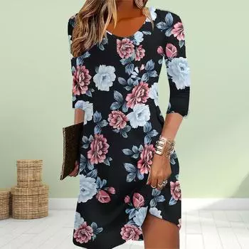 Женское повседневное платье осеннего синего цвета с принтом пиона Платья для женщин с круглым вырезом и коротким рукавом Платье размера плюс XS чёрный