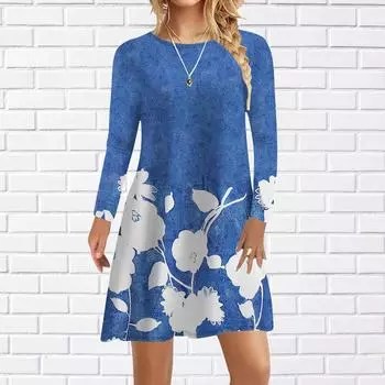 Женское повседневное платье Осенние платья с принтом веерной розы для женщин Платье с коротким рукавом и круглым вырезом Плюс Размер XS чёрный