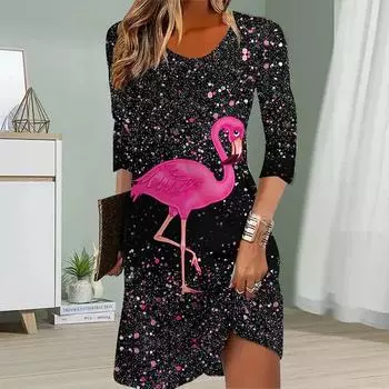 Женское повседневное платье Осенние платья с принтом красного журавля для женщин с круглым вырезом и коротким рукавом Платье больших размеров XS розовый