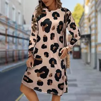 Женское повседневное платье Осенние платья с леопардовым принтом для женщин Платье с коротким рукавом и круглым вырезом Плюс Размер XS серый