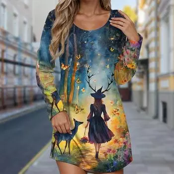 Женское повседневное платье Осенние платья с принтом «Таинственная девушка» для женщин с круглым вырезом и короткими рукавами Платье размера плюс XS оранжевый