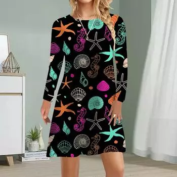Женское повседневное платье Осенние платья с принтом ракушек для женщин с круглым вырезом и коротким рукавом Платье больших размеров XS чёрный