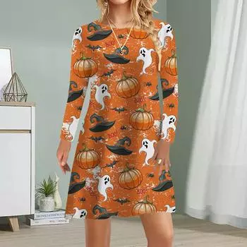 Женское повседневное платье Осенние платья с принтом призраков для женщин Платье с коротким рукавом и круглым вырезом Плюс Размер XS чёрный