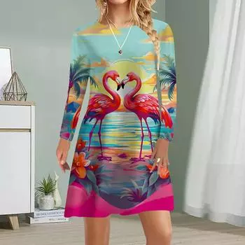 Женское повседневное платье Осенние платья с принтом красного журавля для женщин с круглым вырезом и коротким рукавом Платье больших размеров XS розовый