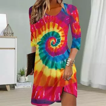 Женское повседневное платье Осенние платья с принтом тай-дай для женщин Платье с коротким рукавом и круглым вырезом Плюс Размер XS красный