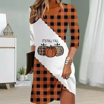 Женское повседневное платье Осенние платья с принтом на Хэллоуин для женщин Платье с коротким рукавом и круглым вырезом Плюс Размер XS чёрный