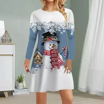Женское повседневное платье Осенние платья с принтом снеговика для женщин с круглым вырезом и коротким рукавом Платье больших размеров XS красный