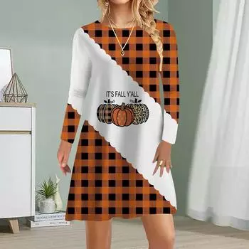 Женское повседневное платье Осенние платья с принтом на Хэллоуин для женщин Платье с коротким рукавом и круглым вырезом Плюс Размер XS чёрный