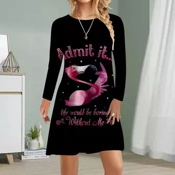 Женское повседневное платье Осенние платья с принтом фламинго для женщин с круглым вырезом и коротким рукавом Платье больших размеров XS чёрный