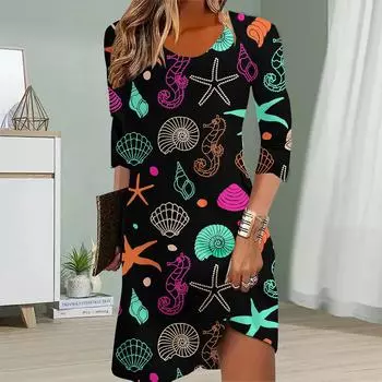 Женское повседневное платье Осенние платья с принтом ракушек для женщин с круглым вырезом и коротким рукавом Платье больших размеров XS чёрный