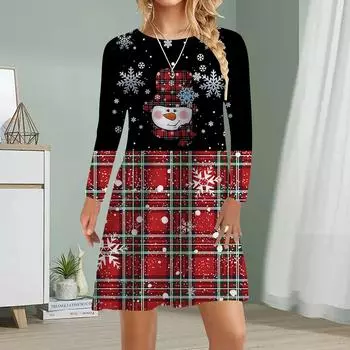Женское повседневное платье Осенние рождественские платья с принтом для женщин Платье с коротким рукавом и круглым вырезом Плюс Размер XS чёрный