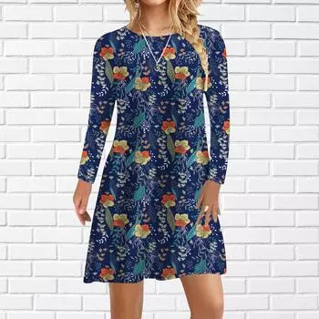 Женское повседневное платье осенние синие платья с принтом листьев и цветов для женщин с круглым вырезом и коротким рукавом платье больших размеров XS синий