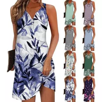 Женское повседневное платье Платье-майка с цветочным принтом на пуговицах и V-образным вырезом Платье Активная мода Открытый уличный без рукавов Свободный крой Лето XXL фиолетовый