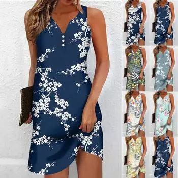 Женское повседневное платье Платье-майка с цветочным принтом на пуговицах и V-образным вырезом Мини-платье Активная мода на открытом воздухе Уличная без рукавов Свободный крой Лето S жёлтый
