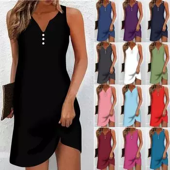 Женское повседневное платье Платье-майка с цветочным принтом на пуговицах и V-образным вырезом Мини-платье Активная мода на открытом воздухе Уличная без рукавов Свободный крой Лето L