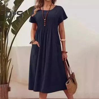 Женское повседневное платье, платье макси с круглым вырезом, короткими рукавами и карманом, свободное летнее платье для офиса, повседневная пляжная вечеринка 2XL красный/оранжевый