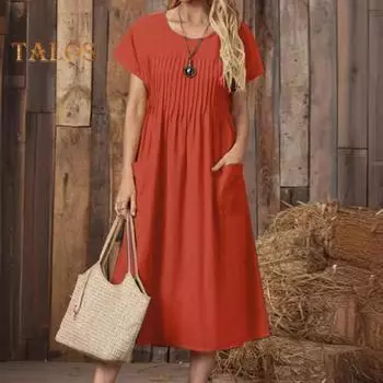 Женское повседневное платье, платье макси с круглым вырезом, короткими рукавами и карманом, свободное летнее платье для офиса, повседневная пляжная вечеринка XL армия зеленый