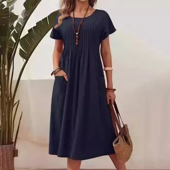 Женское повседневное платье, платье макси с круглым вырезом, короткими рукавами и карманом, свободное летнее платье для офиса, повседневная пляжная вечеринка XL армия зеленый