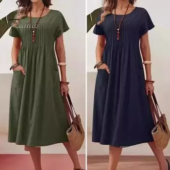 Женское повседневное платье, платье макси с круглым вырезом, короткими рукавами и карманом, свободное летнее платье для офиса, повседневная пляжная вечеринка L армия зеленый