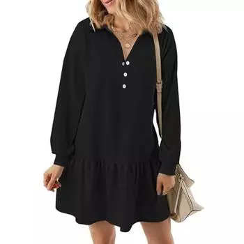 Женское повседневное платье-пуловер с длинным рукавом и лацканом, однотонное, в полоску, пэчворк XL чёрный