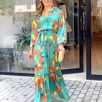 Женское повседневное платье-рубашка макси с длинным рукавом и цветочным принтом L