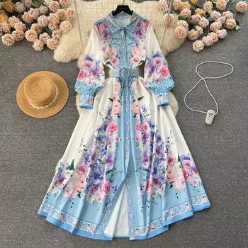 Женское повседневное платье-рубашка миди, взлетно-посадочная полоса с лацканами с длинным рукавом, модельер с цветочным принтом, женская уличная одежда, вечерние макси Vestidos 2463 S синий