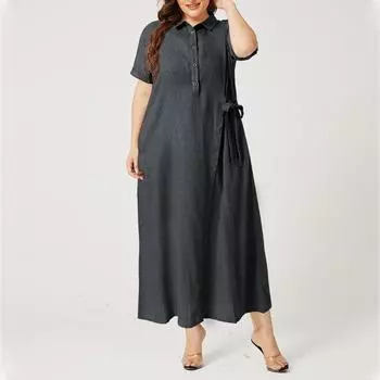 Женское повседневное платье-рубашка с отложным воротником и коротким рукавом S хаки