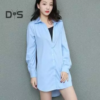 Женское повседневное платье-рубашка весна-осень средней длины платье-рубашка с лацканами и длинными рукавами однобортная длинная рубашка однотонная ночная рубашка M