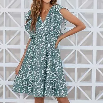 Женское повседневное платье с цветочным принтом, короткими рукавами, V-образным вырезом, высокой талией и короткой юбкой XL зелёный