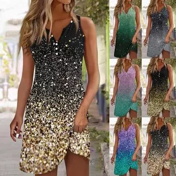 Женское повседневное платье с цветочным принтом на пуговицах, V-образный вырез, активная мода, уличная одежда, без рукавов, свободный крой, лето S синий