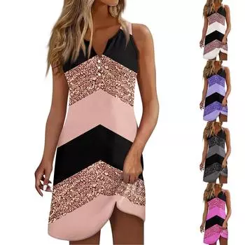 Женское повседневное платье с цветочным принтом на пуговицах, V-образный вырез, активная мода, уличная одежда, без рукавов, свободный крой, лето L розовый