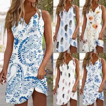 Женское повседневное платье с цветочным принтом на пуговицах, V-образный вырез, активная мода, уличная одежда, без рукавов, свободный крой, лето L синий