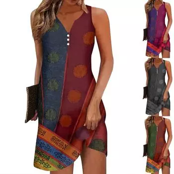 Женское повседневное платье с цветочным принтом на пуговицах, V-образный вырез, активная мода, уличная одежда, без рукавов, свободный крой, лето M фиолетовый