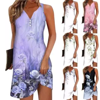 Женское повседневное платье с цветочным принтом на пуговицах, V-образный вырез, активная мода, уличная одежда, без рукавов, свободный крой, лето L чёрный