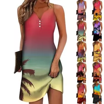 Женское повседневное платье с цветочным принтом на пуговицах, V-образный вырез, активная мода, уличная одежда, без рукавов, свободный крой, лето S