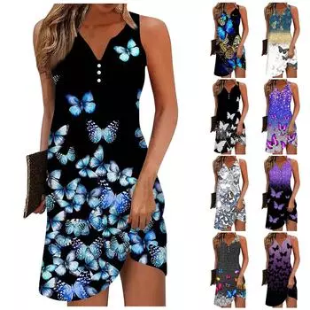 Женское повседневное платье с цветочным принтом на пуговицах, V-образный вырез, активная мода, уличная одежда, без рукавов, свободный крой, лето XXL фиолетовый