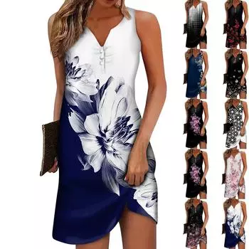 Женское повседневное платье с цветочным принтом на пуговицах, V-образный вырез, активная мода, уличная одежда, без рукавов, свободный крой, лето L розовый