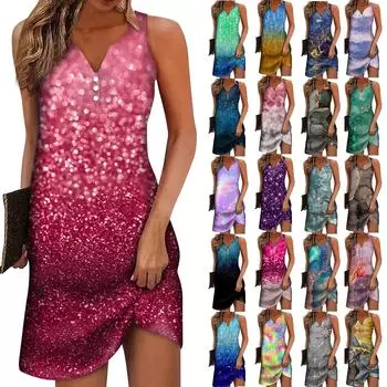 Женское повседневное платье с цветочным принтом на пуговицах, V-образный вырез, активная мода, уличная одежда, без рукавов, свободный крой, лето S