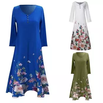 Женское повседневное платье с цветочным принтом и длинным рукавом, нерегулярное свободное длинное платье L белый