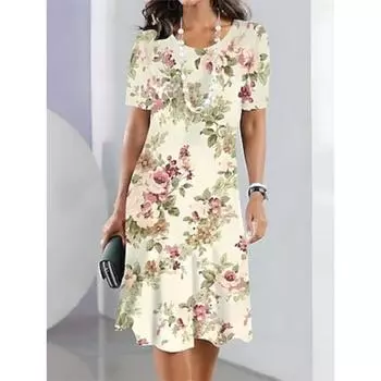 Женское повседневное платье с цветочным принтом и круглым вырезом, миди-платье, стильное повседневное, с коротким рукавом, летнее XS