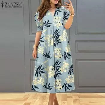 Женское повседневное платье с цветочным принтом ZANZEA с коротким рукавом S жёлтый