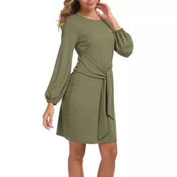 Женское повседневное платье с длинным рукавом и коротким О-образным вырезом, завязывающееся на талии L армия зеленый