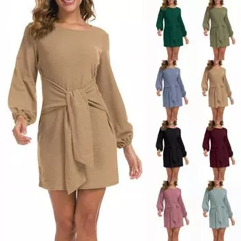 Женское повседневное платье с длинным рукавом и коротким О-образным вырезом, завязывающееся на талии L армия зеленый