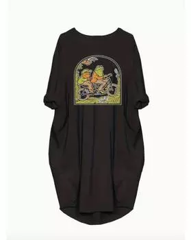 Женское повседневное платье с длинным рукавом и принтом забавной лягушки больших размеров - удобный свободный крой с легкой эластичностью 1XL чёрный