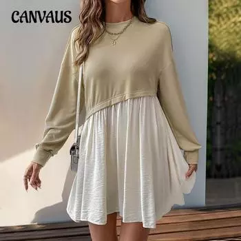 Женское повседневное платье с длинным рукавом, осеннее круглое платье с контрастным сочетанием цветов, короткие платья S хаки