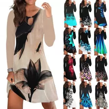 Женское повседневное платье с длинными рукавами и принтом, пуловер с круглым вырезом и круглым вырезом
